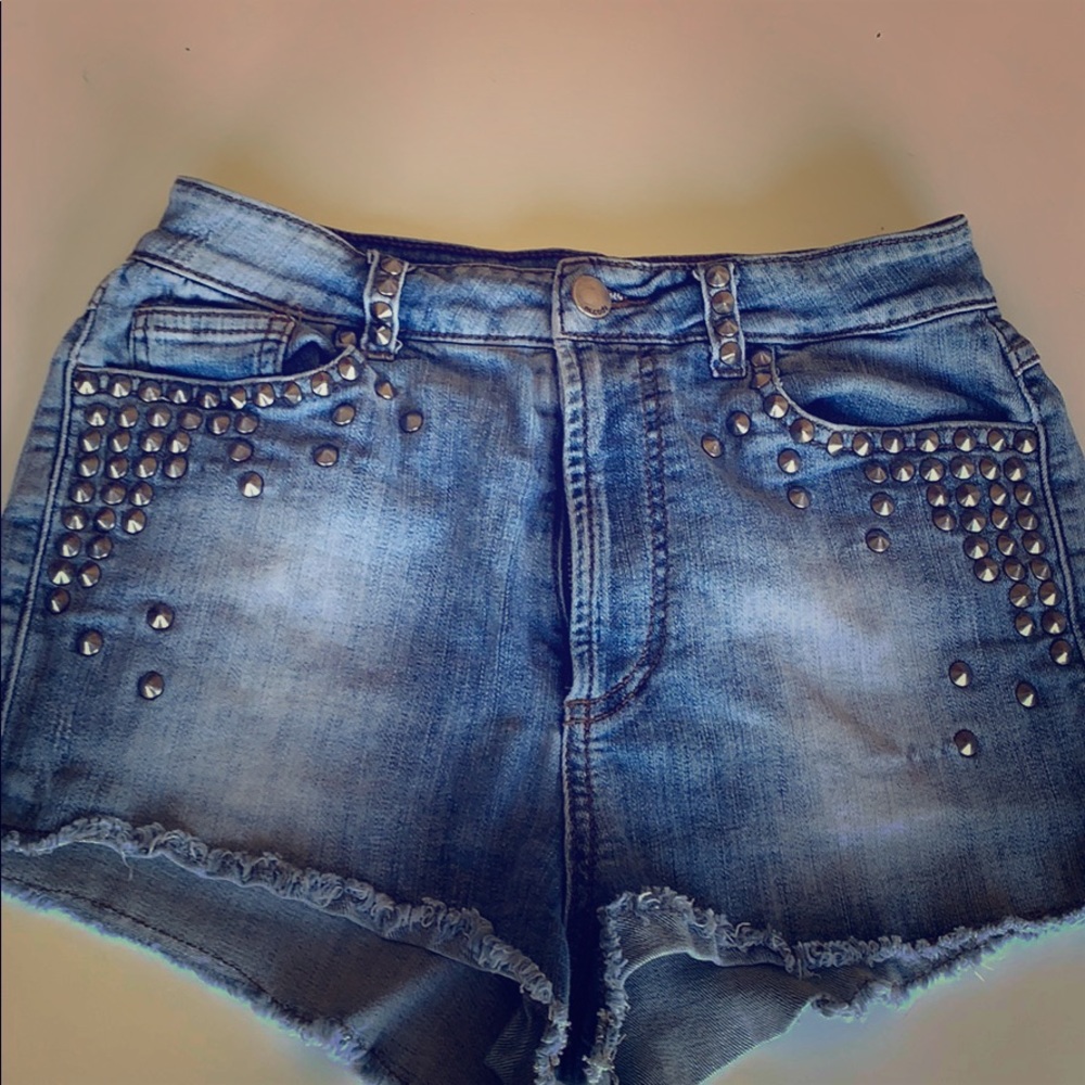 Studded distress denim cut off shorts